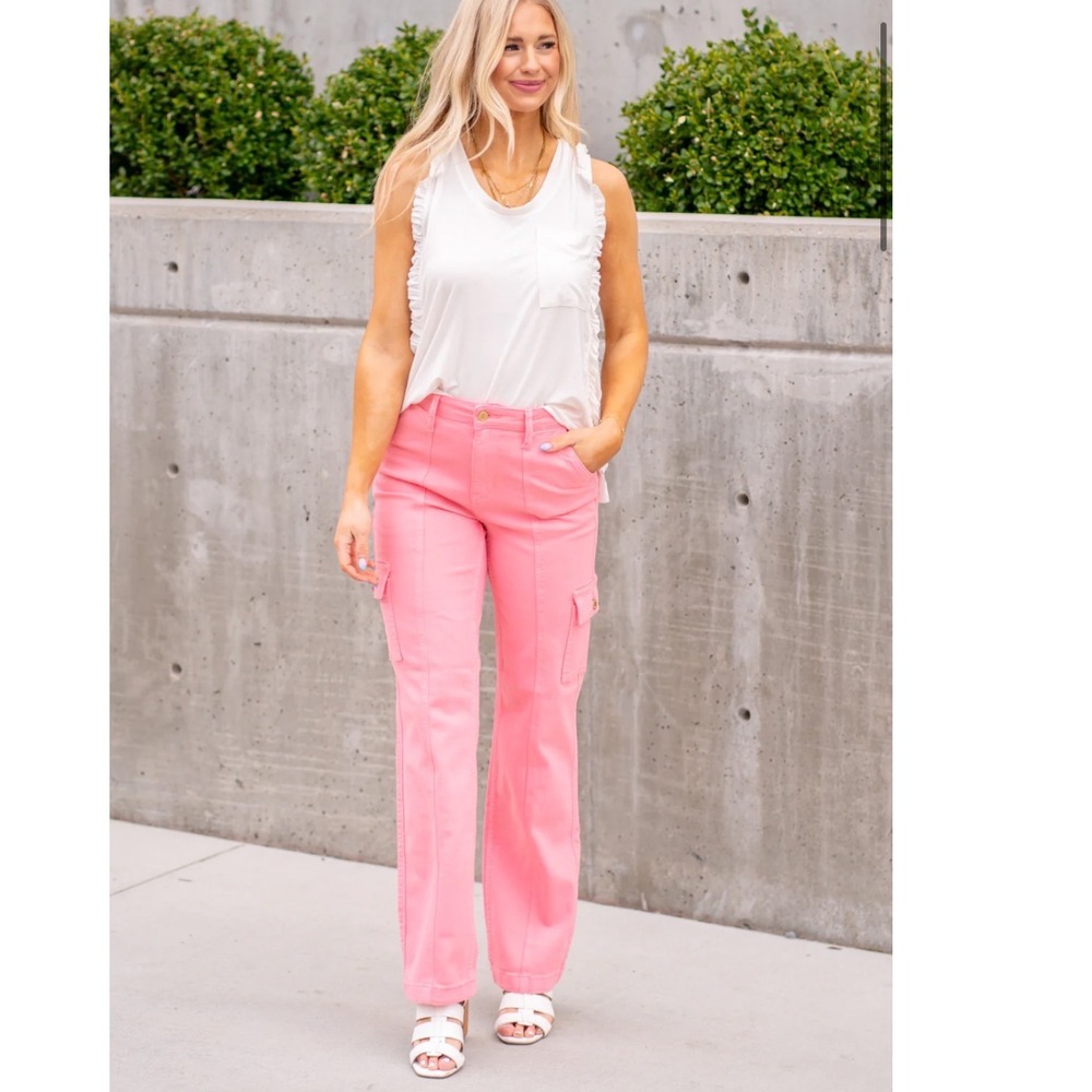 Judy Blue Pretty In Pink High Rise Cargo Straight Leg Jeans Pink Size 5/27